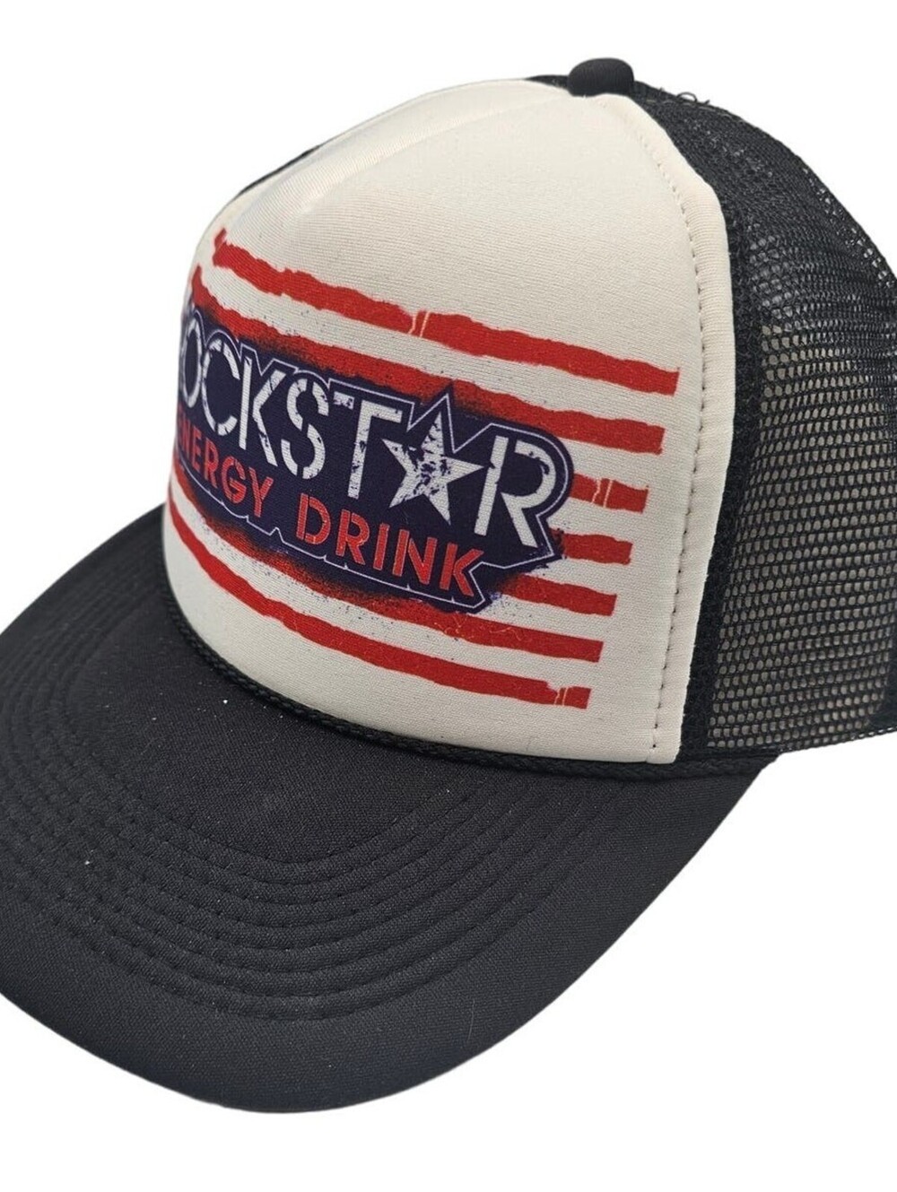 Vintage Y2K Rockstar Energy Drink Snapback Trucker Hat Mesh Striped